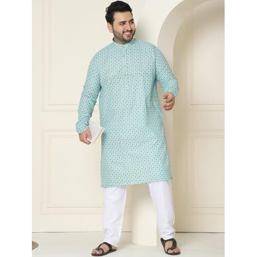 Sojanya Plus (Since 1958) Men's Cotton Linen Seagreen Foil Printed Kurta And White Pyjama