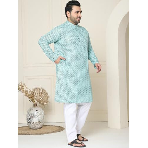 Sojanya Plus (Since 1958) Men's Cotton Linen Seagreen Foil Printed Kurta And White Pyjama