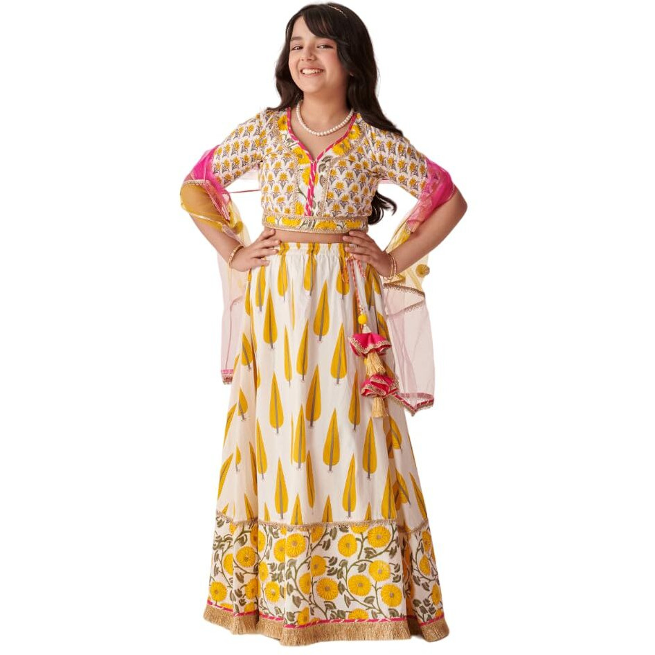 Pspeaches Girl's Cotton 1 Lehenga, 1 Choli, 1 Dupatta (L-Yellowgreyprint-8- Yellow_8-10Y)