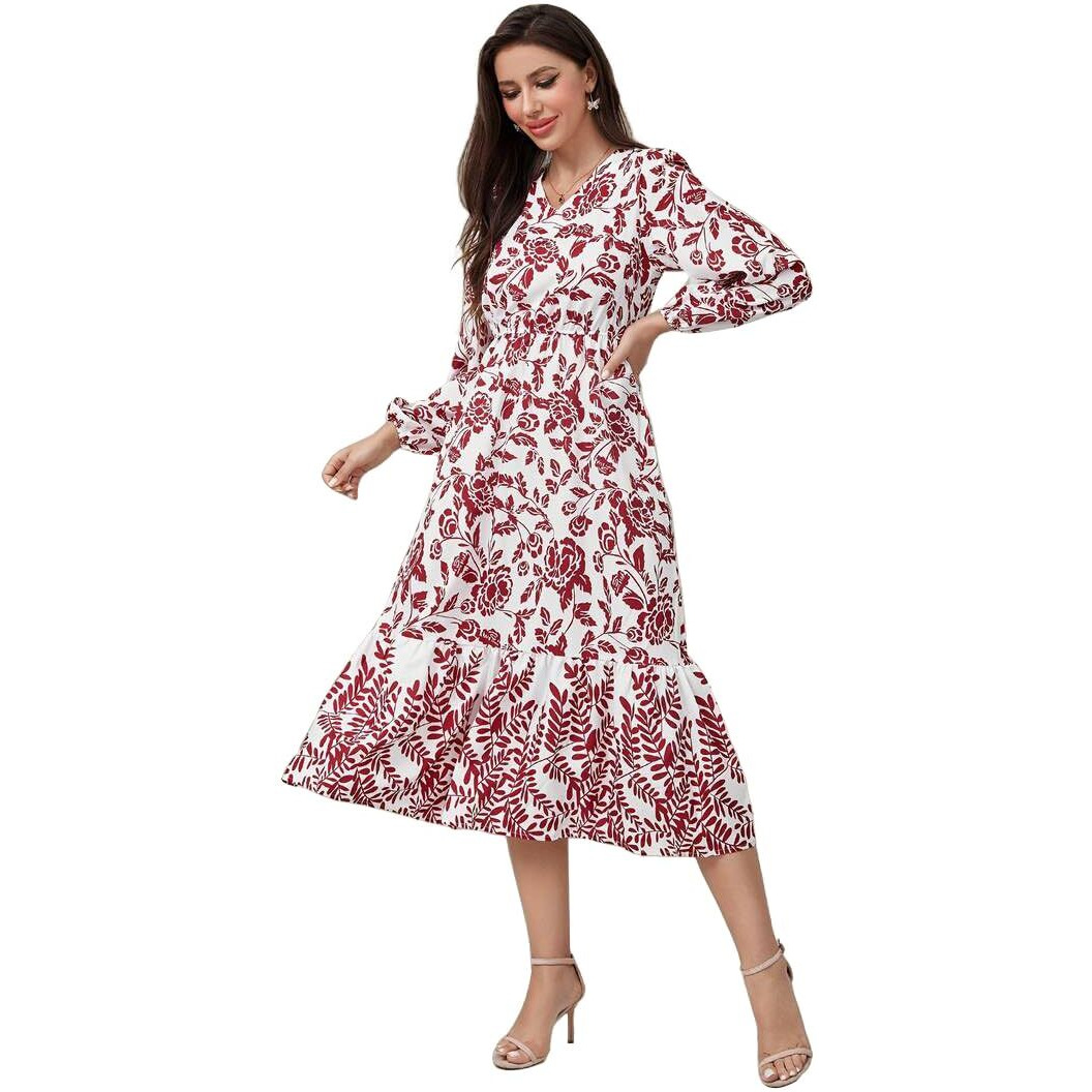 Tadkee Women's Cotton Blend Classic Below The Knee Casual Dress (Fn-Floral-Dress-135-Red-S_Red