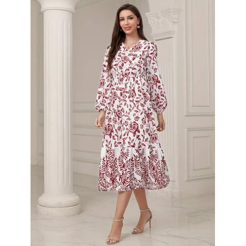Tadkee Women's Cotton Blend Classic Below The Knee Casual Dress (Fn-Floral-Dress-135-Red-S_Red