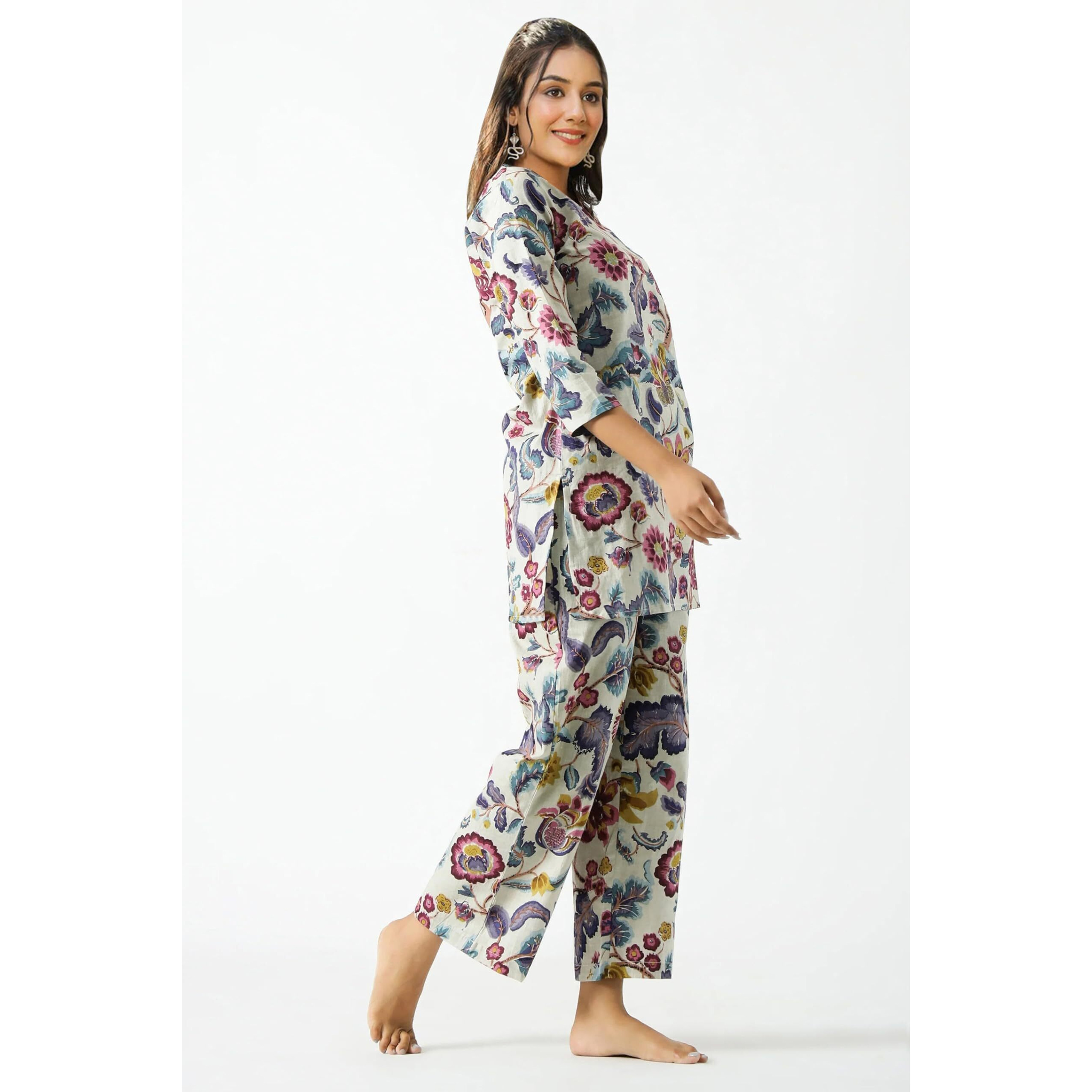 Toochki Women's Multi Color Floral Printed Reyon Stitched Co-Ord Set Dress | Relaxed Fit For Women | Two Piece Set Kurta & Plazzo | 3/4 Sleeve Cord Dress For Women | Fashionable