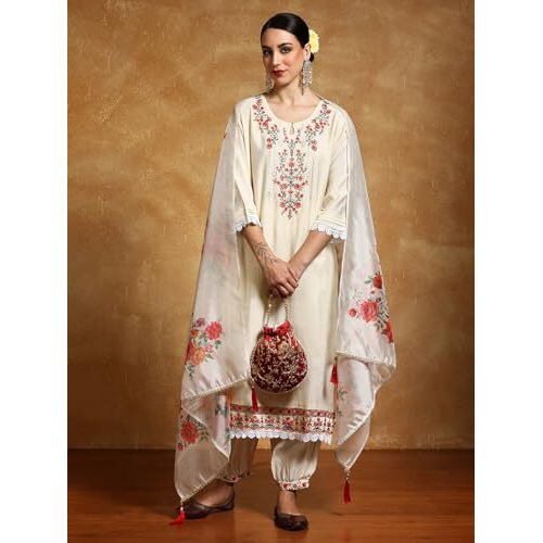 Varanga Women Floral Motif Thread Embroidered Yoke Kurta With Trouser & Dupatta