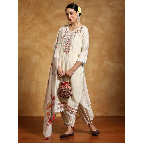 Varanga Women Floral Motif Thread Embroidered Yoke Kurta With Trouser & Dupatta
