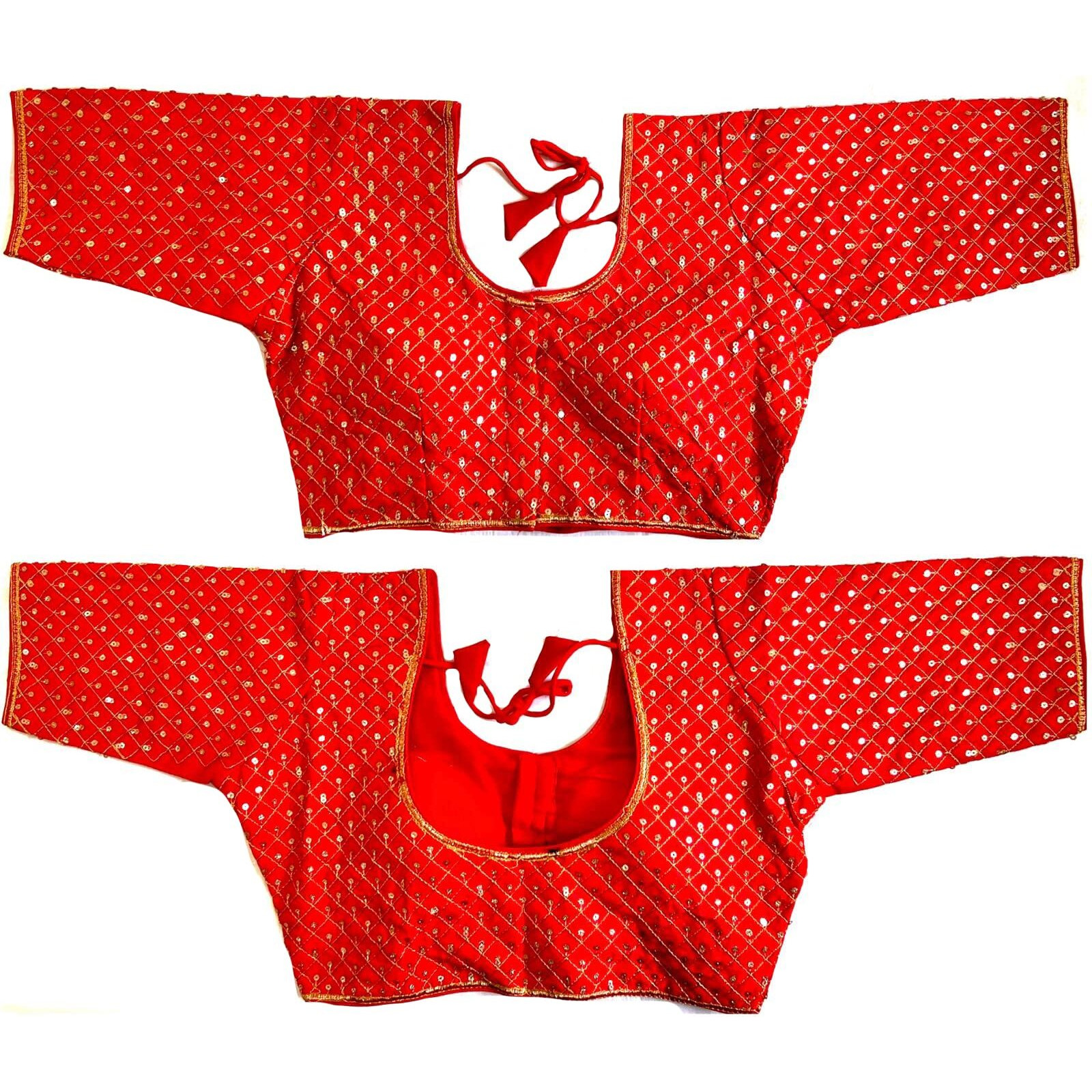 Pujia Mills Women's Embroidery Half Sleeve Silk Readymade Blouse (Banke_Red_38)