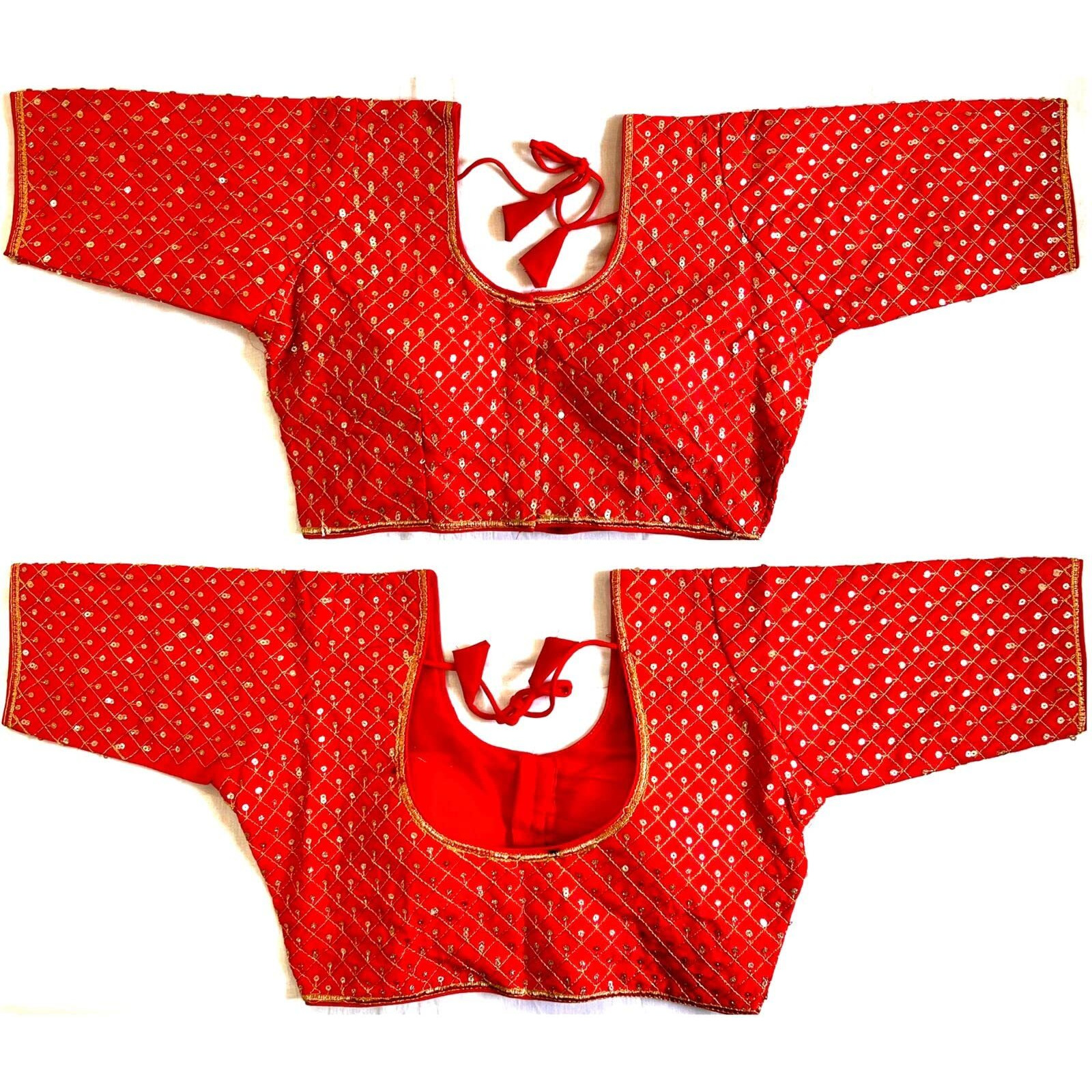 Pujia Mills Women's Embroidery Half Sleeve Silk Readymade Blouse (Banke_Red_38)