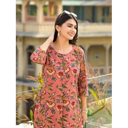 Fabnex Women's Cotton Blend Floral Printed Kurta Set With Palazzo | Ethnic Wear Kurti Pant Set (K-119-120) (Peach, Xl)