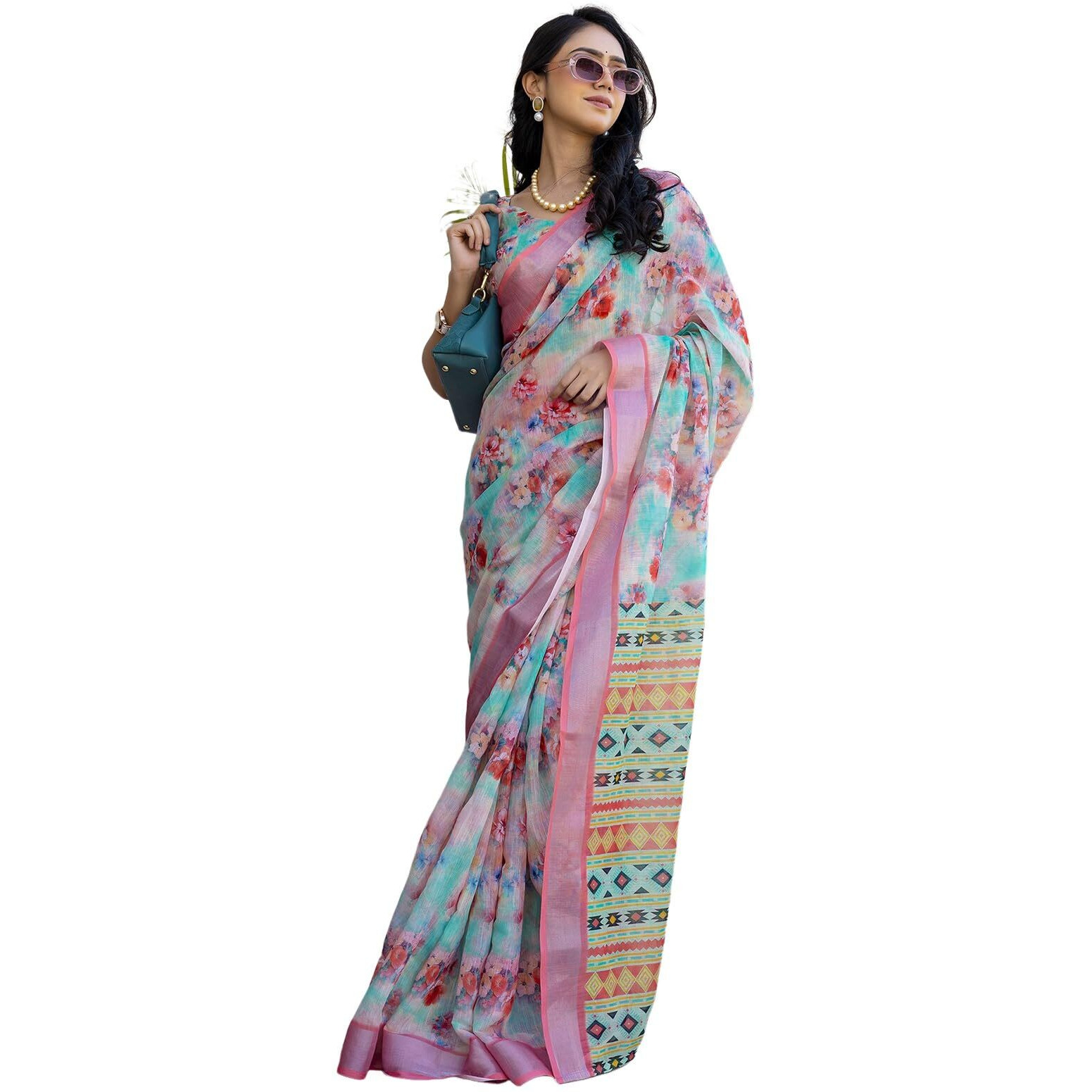 Satrani Women's Linen Floral Printed & Zari Border Ready To Wear Saree With Unstitched Blouse Piece (53Rs118_Light Teal Green)