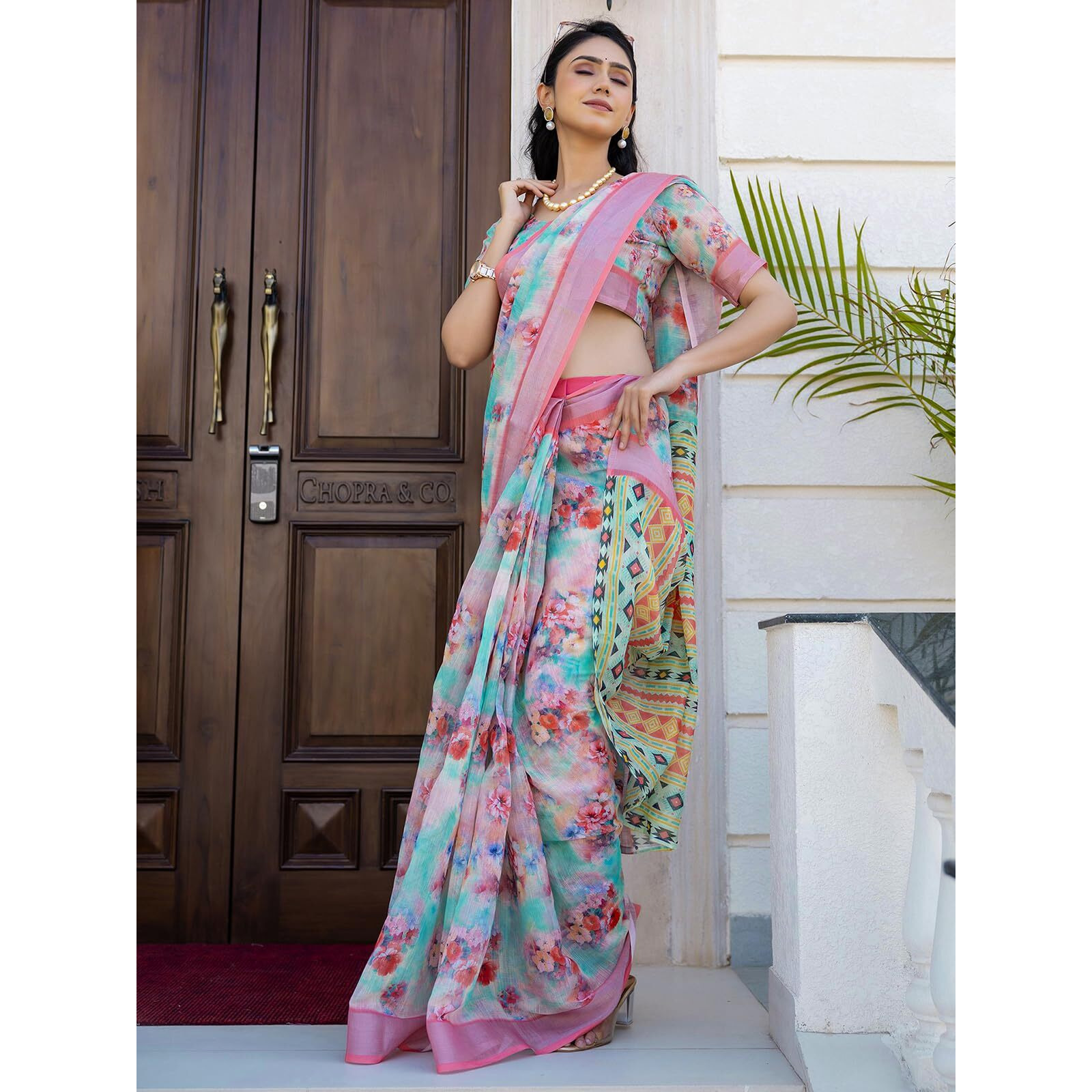 Satrani Women's Linen Floral Printed & Zari Border Ready To Wear Saree With Unstitched Blouse Piece (53Rs118_Light Teal Green)