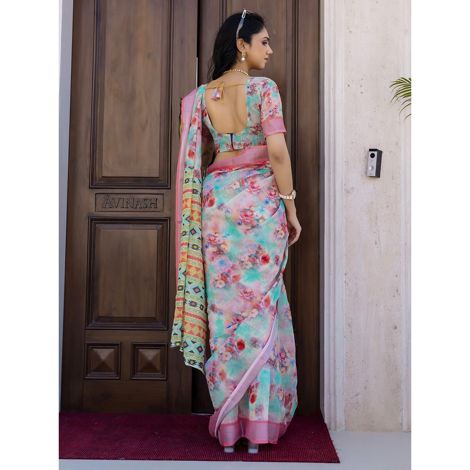 Satrani Women's Linen Floral Printed & Zari Border Ready To Wear Saree With Unstitched Blouse Piece (53Rs118_Light Teal Green)