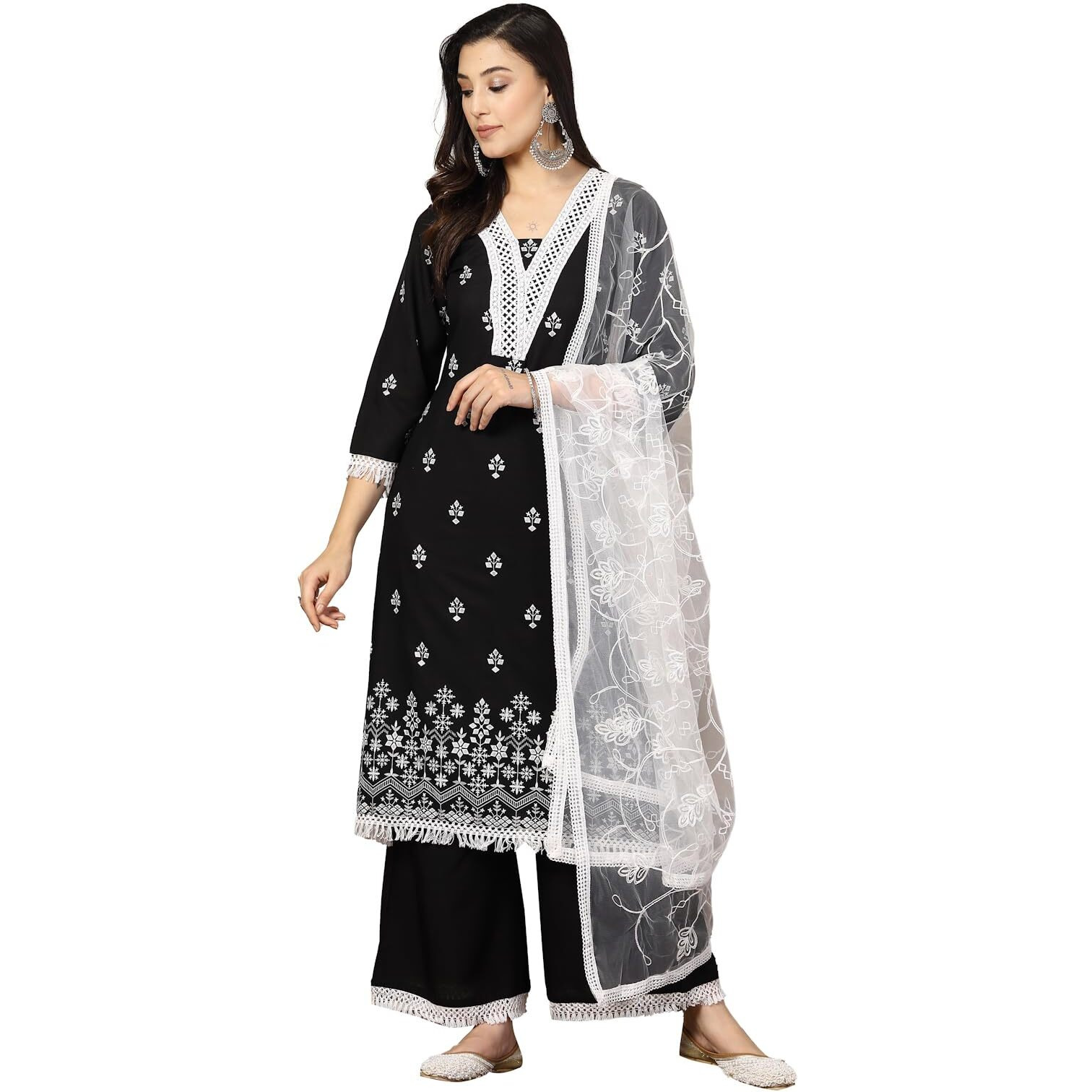 Stylum Women's Black Ethnic Printed Rayon A-Line Kurta Palazzo Dupatta Set