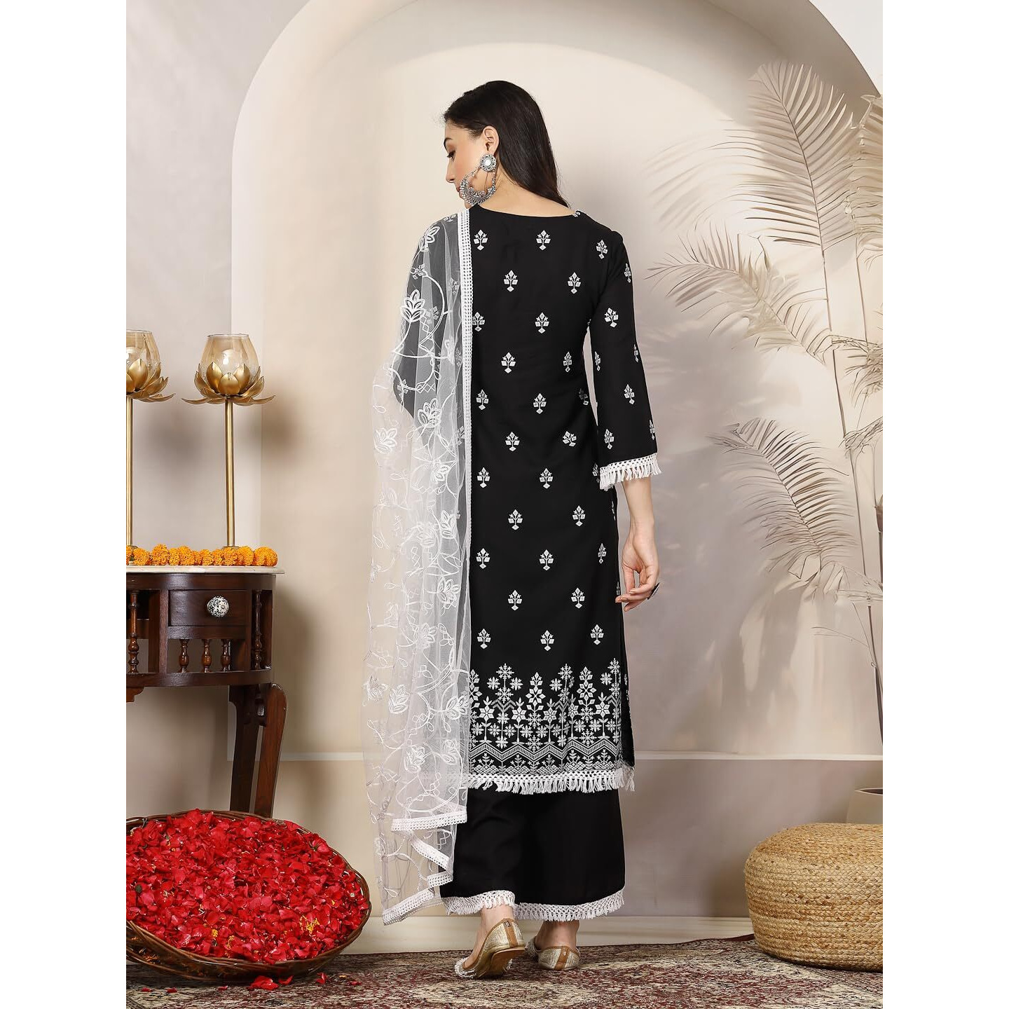 Stylum Women's Black Ethnic Printed Rayon A-Line Kurta Palazzo Dupatta Set