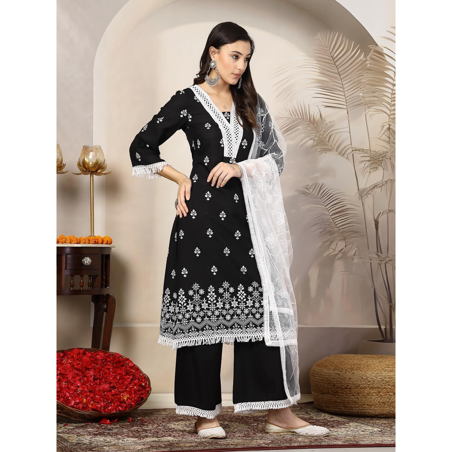 Stylum Women's Black Ethnic Printed Rayon A-Line Kurta Palazzo Dupatta Set