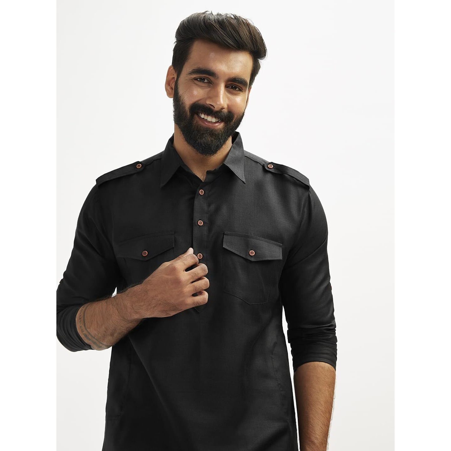 Vastramay Men's Black And Cream Cotton Blend Pathani Kurta Set, A Set Of Stylish Pathani Style Kurta In Cotton Fabric Has Roll Up Sleeves And Rounded Hem With Relaxed Fit Patiala Salwar
