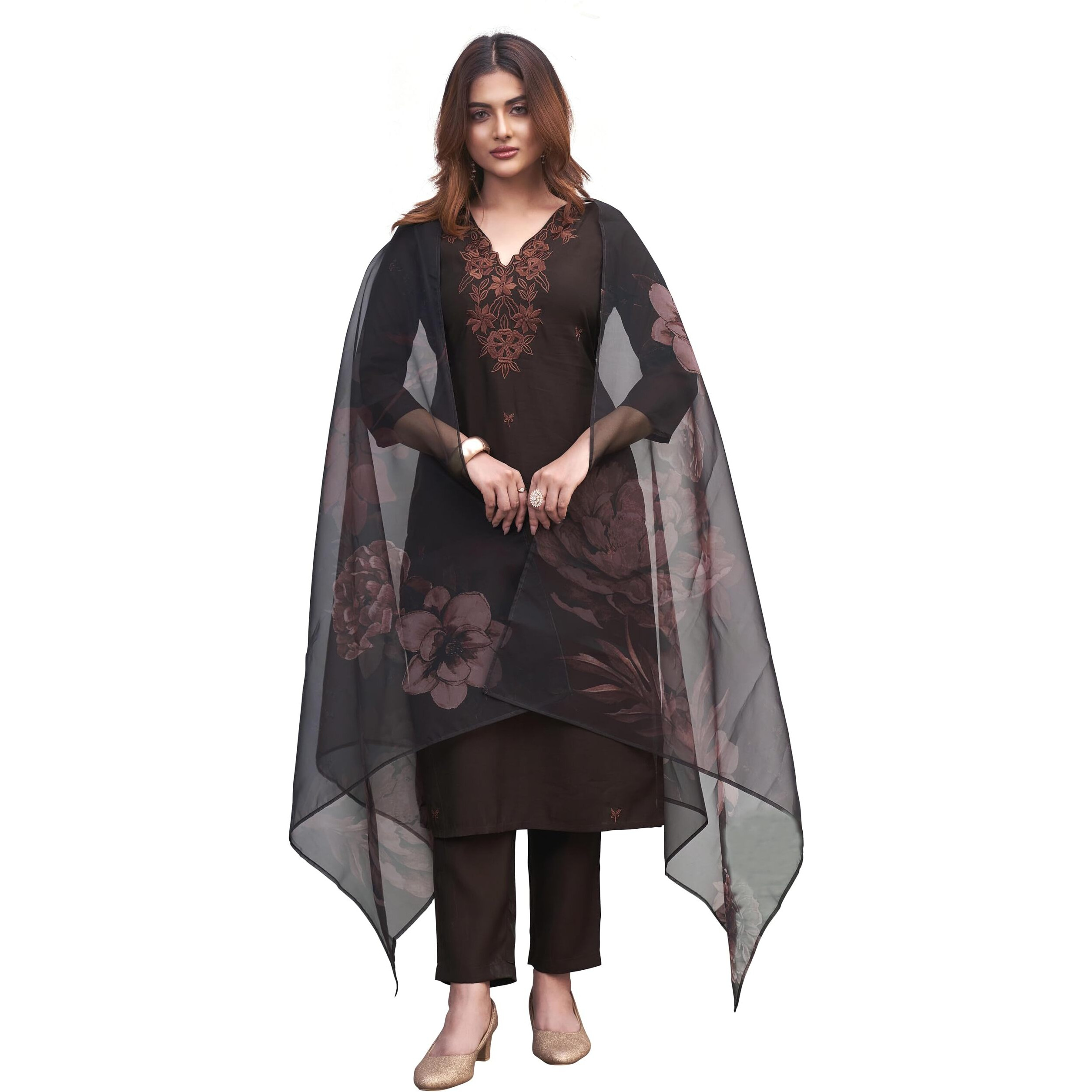 Womanista Women's Silk Blend Solid Straight Embroidered Kurta Set (Kurtaset_1393_Brown