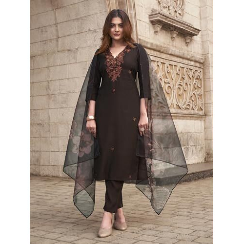 Womanista Women's Silk Blend Solid Straight Embroidered Kurta Set (Kurtaset_1393_Brown