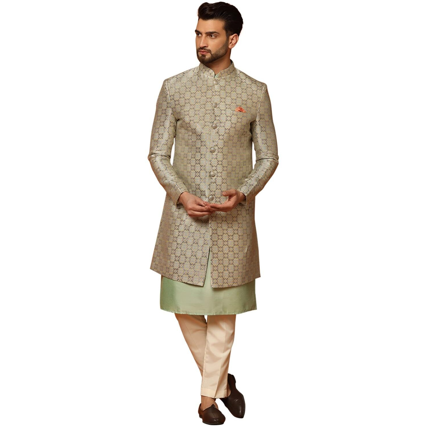 Kisah Men's Grey Indo-Western Kurta Sherwani Trousers Set Cotton Full Sleaves, Knee Length, Straight, Regular Fit, Mandarin Collar Ethnic Wear
