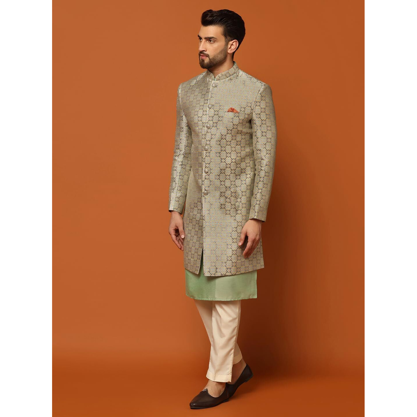 Kisah Men's Grey Indo-Western Kurta Sherwani Trousers Set Cotton Full Sleaves, Knee Length, Straight, Regular Fit, Mandarin Collar Ethnic Wear