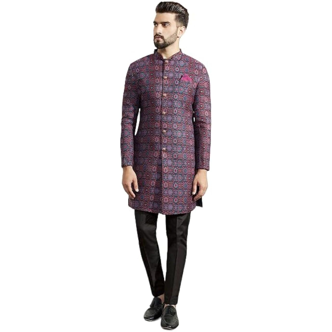 Kisah Men's Indo-Western Sherwani Trouser Set, Multi Jacquard, Woven Design Regular Fit Mandarin Collar Full Sleeves (Small)