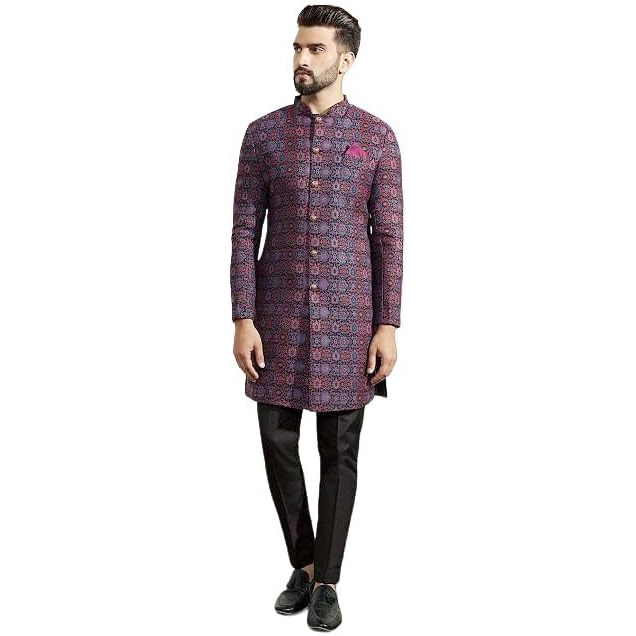 Kisah Men's Indo-Western Sherwani Trouser Set, Multi Jacquard, Woven Design Regular Fit Mandarin Collar Full Sleeves (Small)