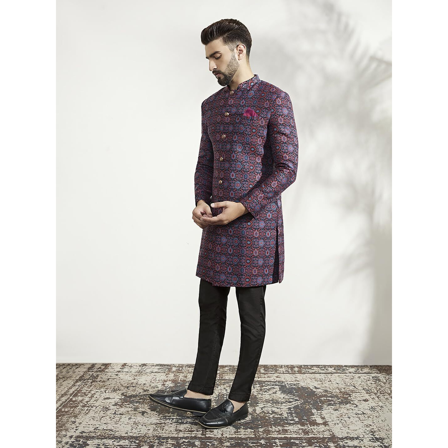 Kisah Men's Indo-Western Sherwani Trouser Set, Multi Jacquard, Woven Design Regular Fit Mandarin Collar Full Sleeves (Small)