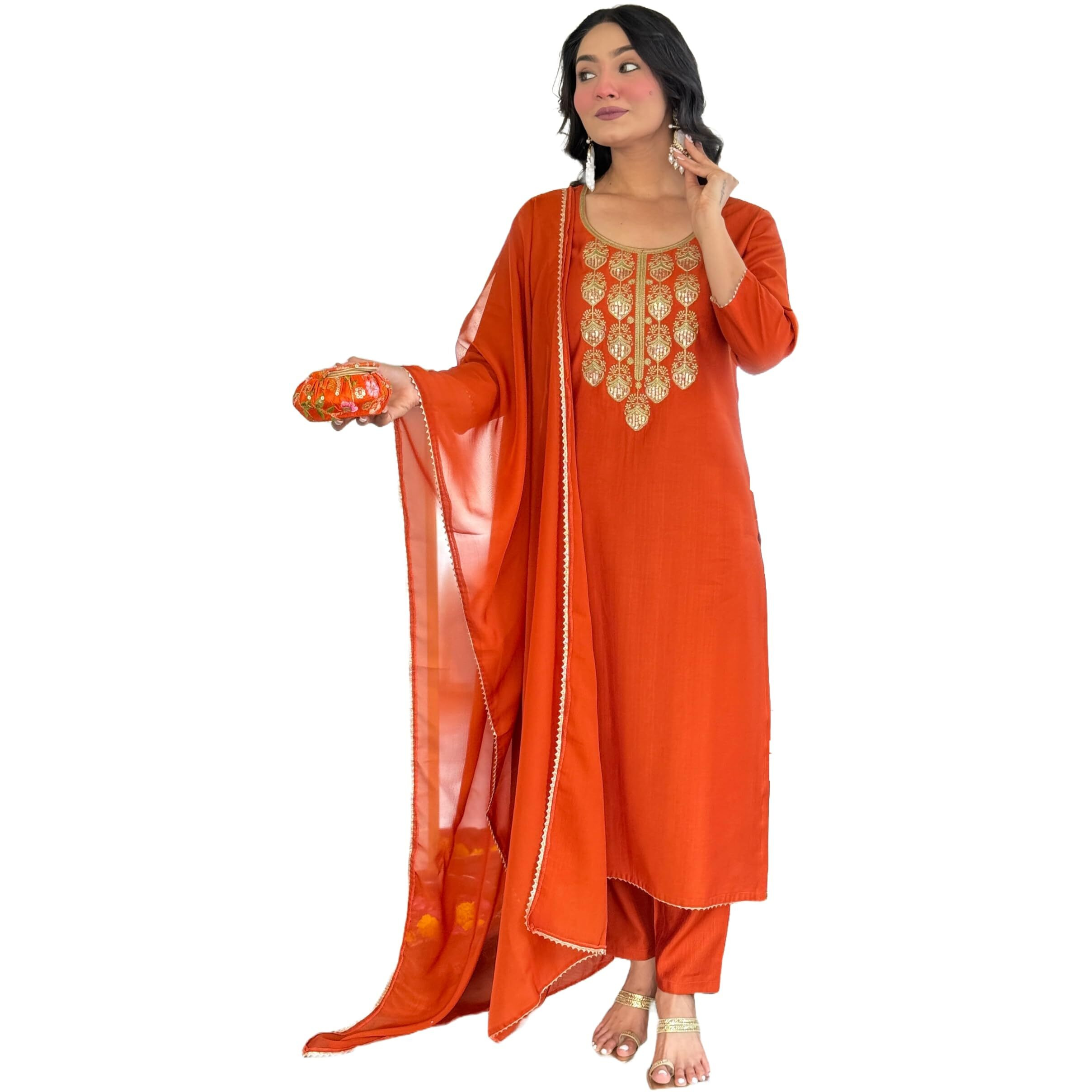 Alvami Women's Silk Embroidery Straight Kurta And Pant Set With Dupatta (Gehna_Orange_Al_S)