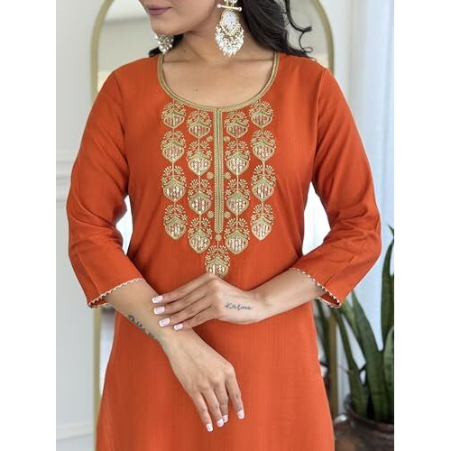 Alvami Women's Silk Embroidery Straight Kurta And Pant Set With Dupatta (Gehna_Orange_Al_S)