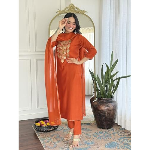 Alvami Women's Silk Embroidery Straight Kurta And Pant Set With Dupatta (Gehna_Orange_Al_S)