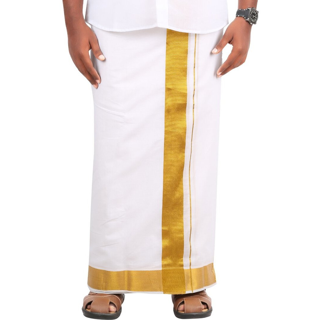 Prakasam Cotton Mens Single Gold Jari (1.30 X 2.00 Meter) 2 Inch Barder Dhoti