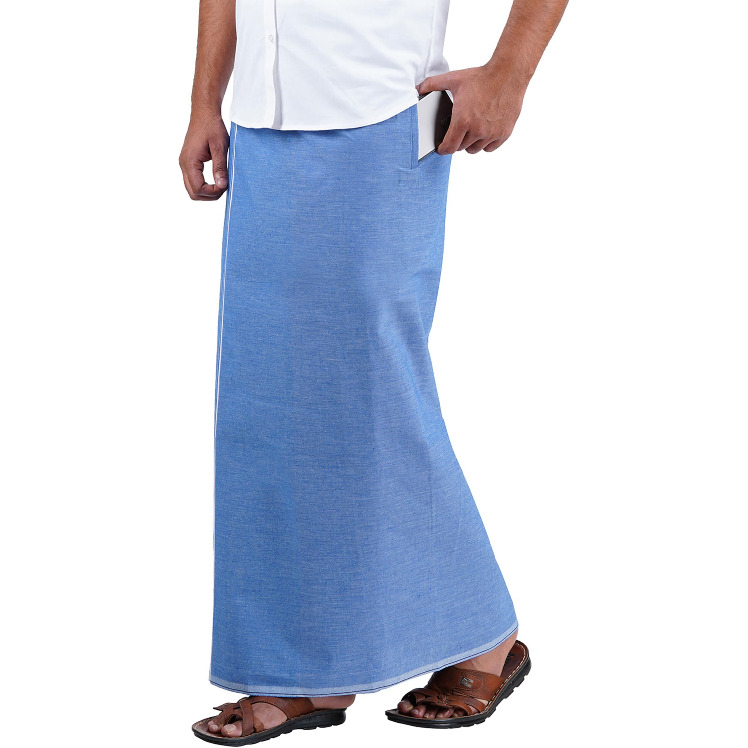 Prakasam Cotton Mens Premium Kfc Plain Welcro Pocket Dhoti (Kfc-Pln-Blue)