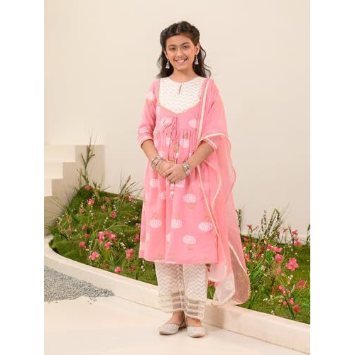 Pspeaches Girl's Cotton Kurta & Palazzo (Ks-Peachoffkhaddi-6-7Y_Peach