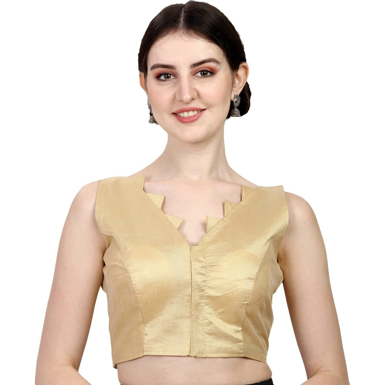 Pujia Mills Women's Multicolor V Neck Heavy Phantom Silk Sleeveless Readymade Blouse (Sleeves Attached Inside) (Gold, 38)