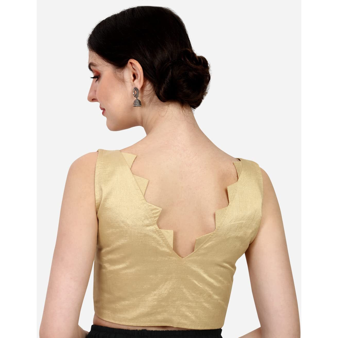 Pujia Mills Women's Multicolor V Neck Heavy Phantom Silk Sleeveless Readymade Blouse (Sleeves Attached Inside) (Gold, 38)