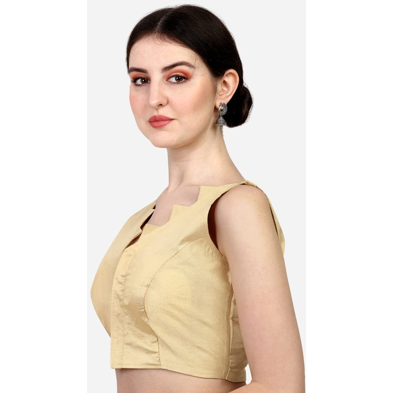 Pujia Mills Women's Multicolor V Neck Heavy Phantom Silk Sleeveless Readymade Blouse (Sleeves Attached Inside) (Gold, 38)