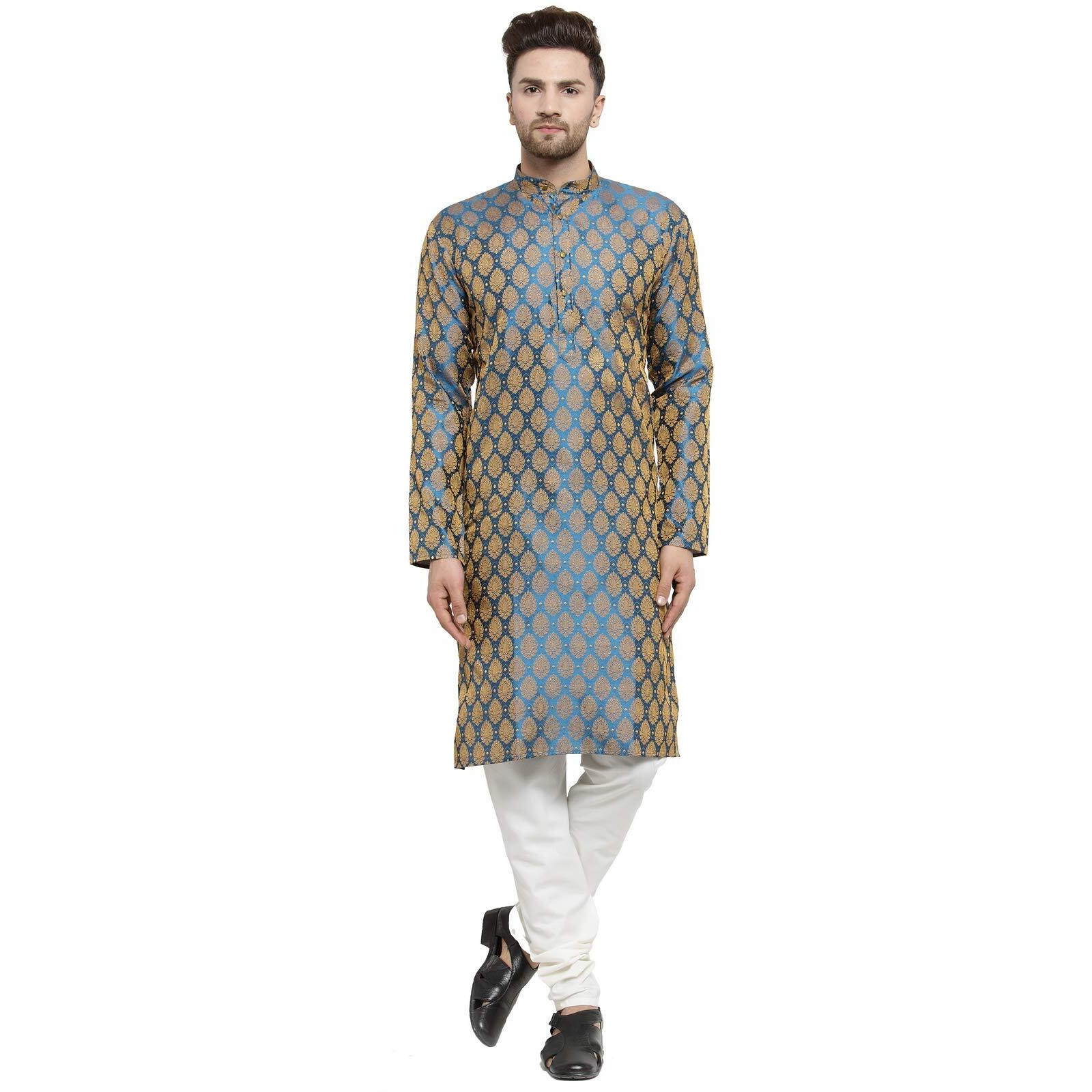 Jompers Men's Jacquard Silk Kurta And Pyjama(Blue,M)