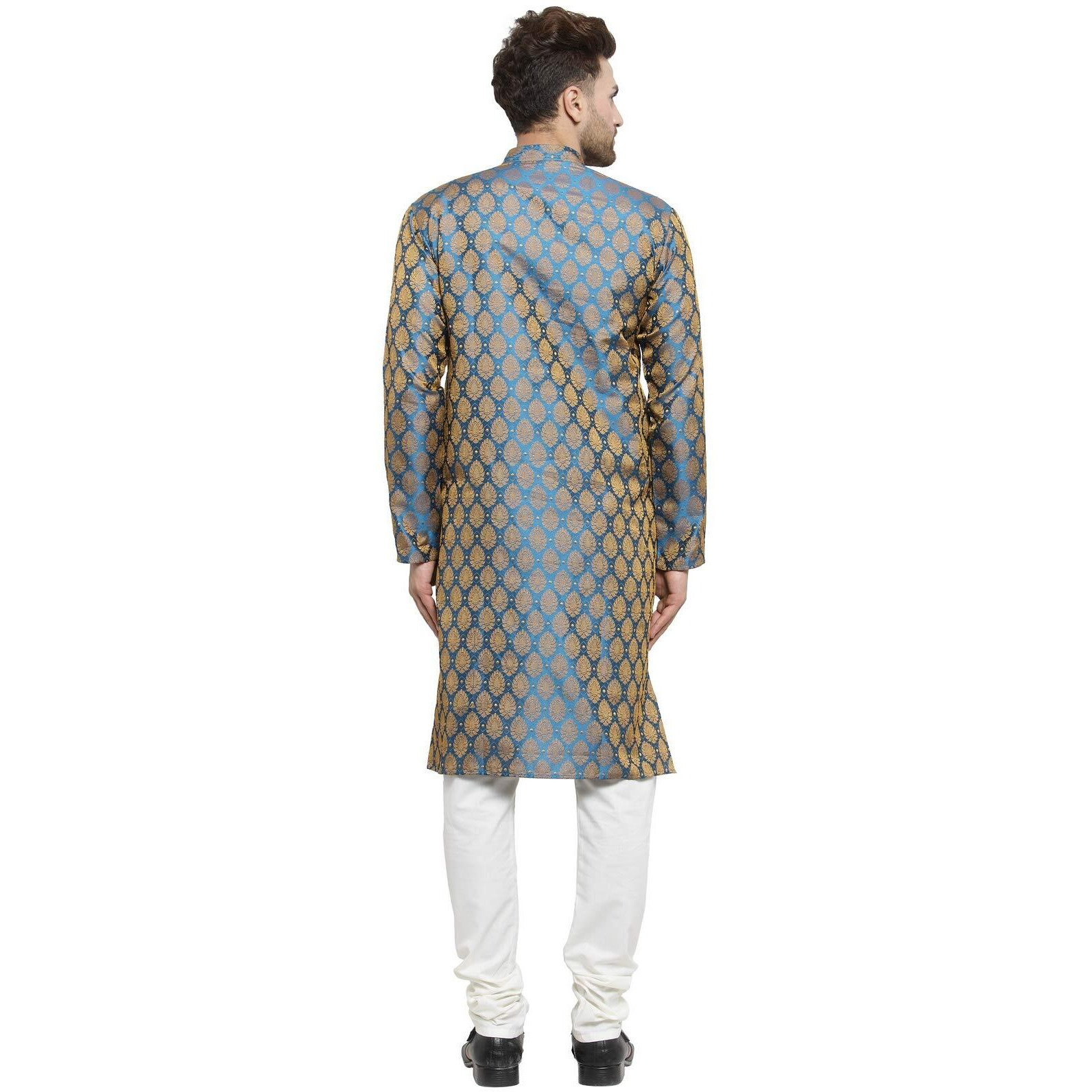 Jompers Men's Jacquard Silk Kurta And Pyjama(Blue,M)