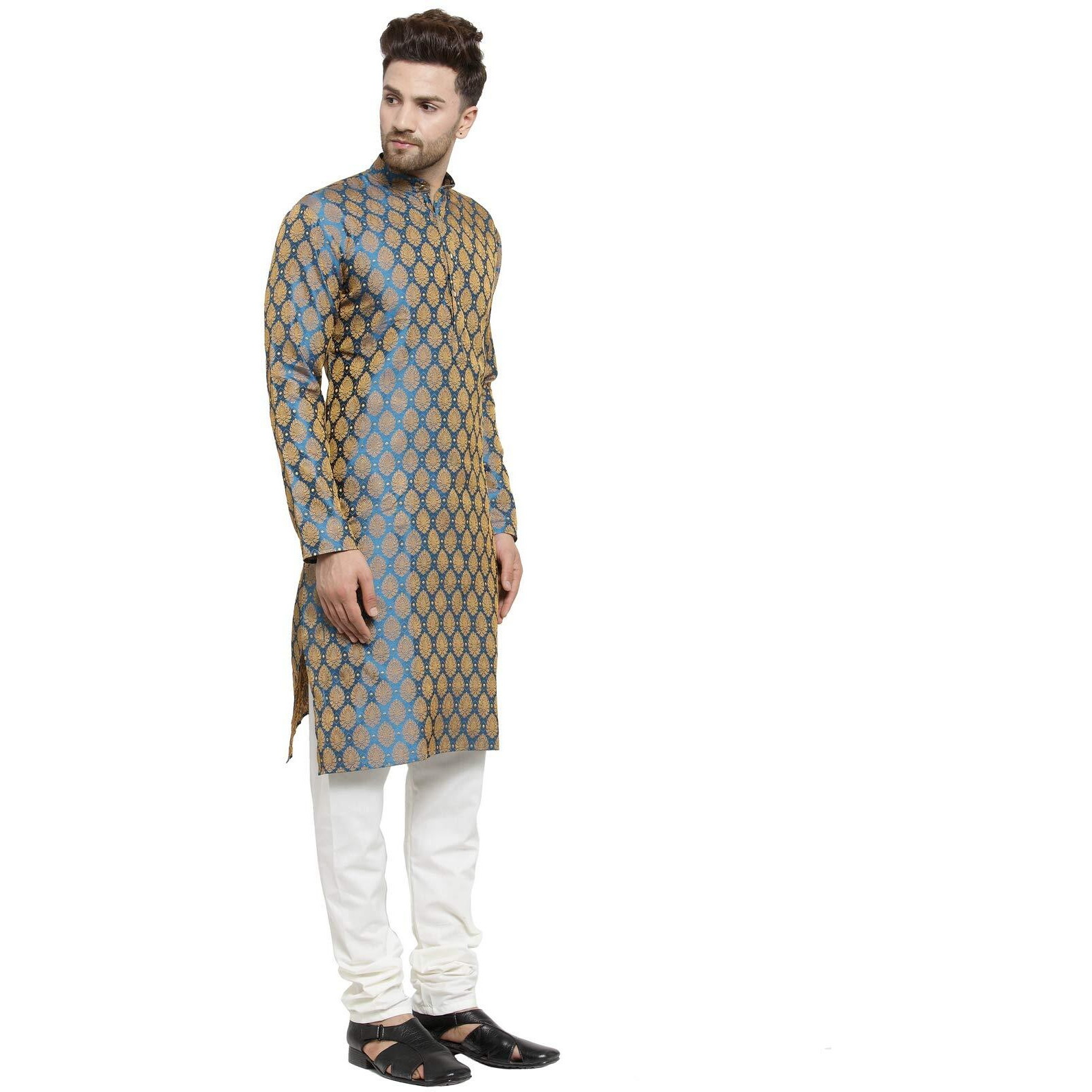 Jompers Men's Jacquard Silk Kurta And Pyjama(Blue,M)