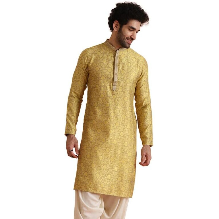 Kisah Mens Kurta|Blended Fabric Jacquard Design Stylish Mens Ethnic Wear|Regular Fit Mandarin Collar Long Sleeves, Mustard, 42