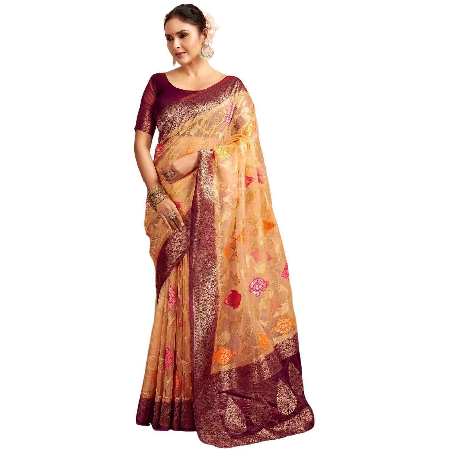 Satrani Women's Organza Banarasi Jacquard Saree With Unstitched Blouse Piece (3926S175N_Cream & Wine)