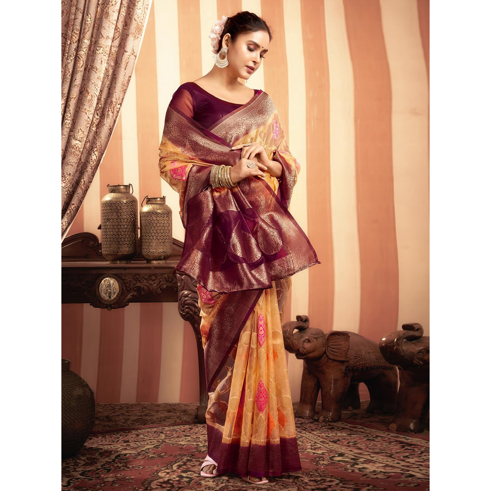 Satrani Women's Organza Banarasi Jacquard Saree With Unstitched Blouse Piece (3926S175N_Cream & Wine)