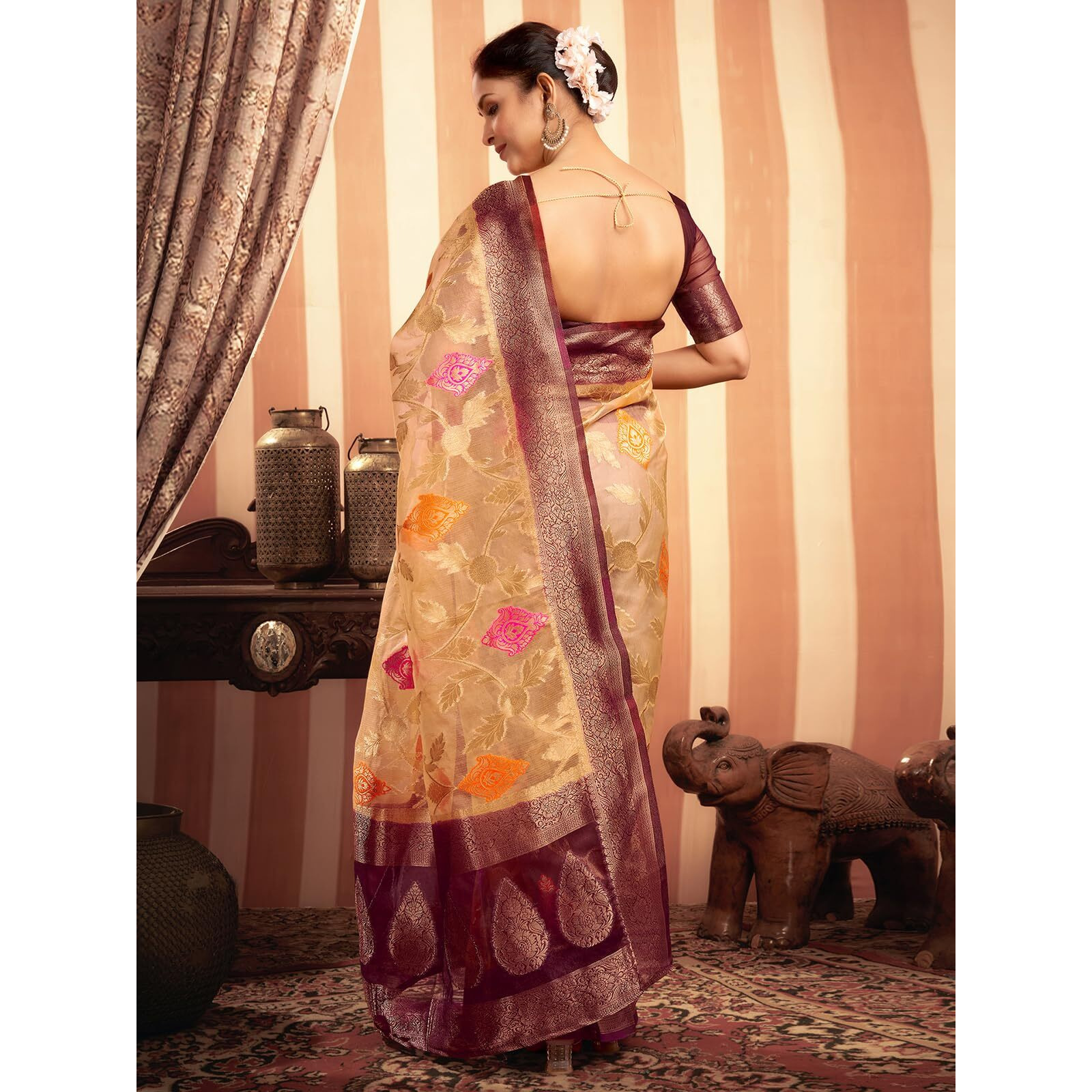 Satrani Women's Organza Banarasi Jacquard Saree With Unstitched Blouse Piece (3926S175N_Cream & Wine)