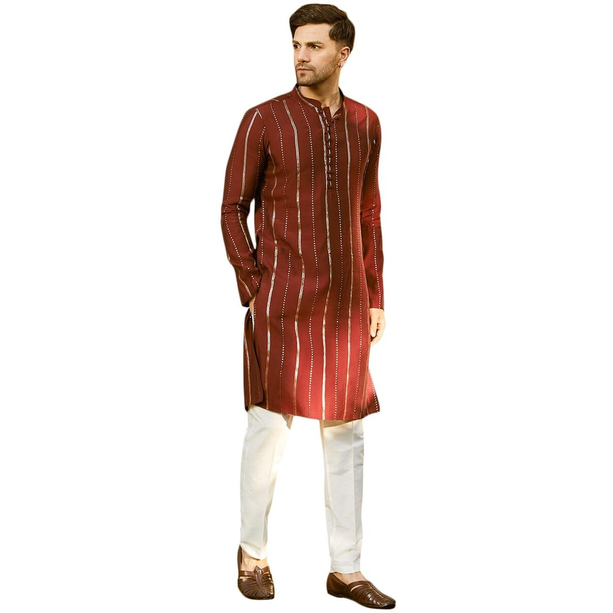 See Designs Men Full Sleeve Maroon And Gold Chanderi Silk Sequins Mandarin Collar Side Slit Kurta With Pyjama - Sd2Kt_243401L