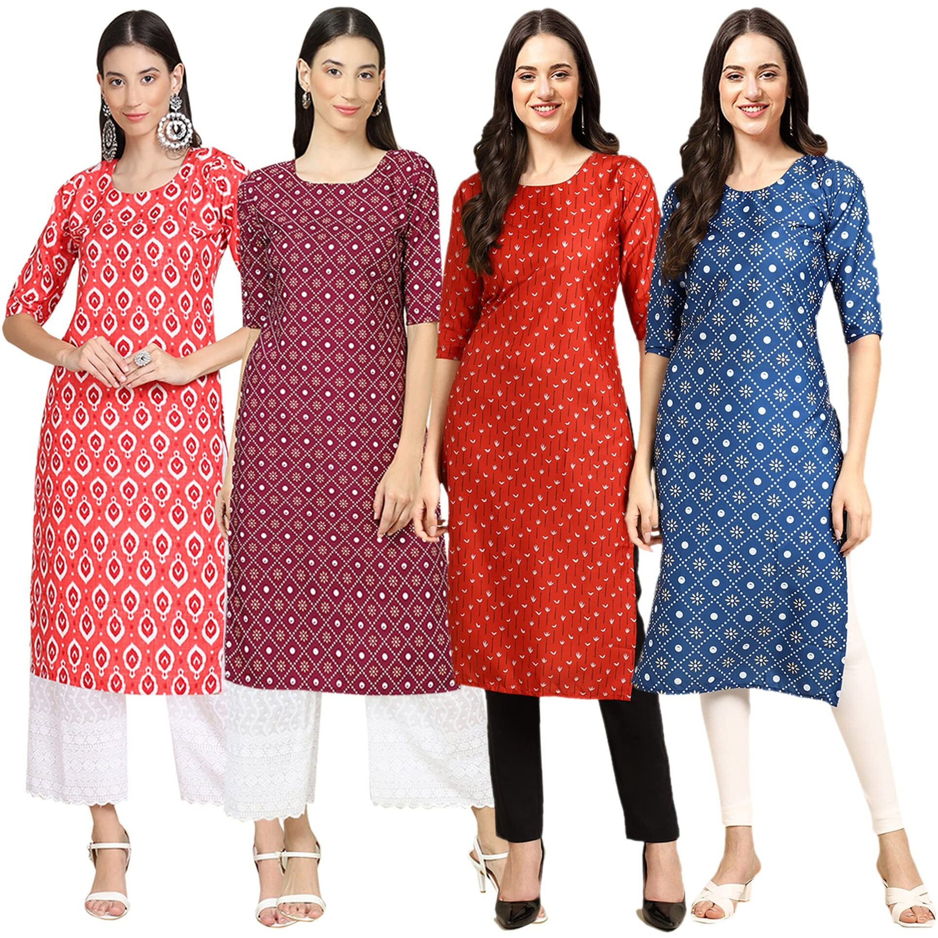 Pinkmint Women's Crepe Digital Print Straight Kurta(Pack Of 4) [X-346-355-370-353-L]