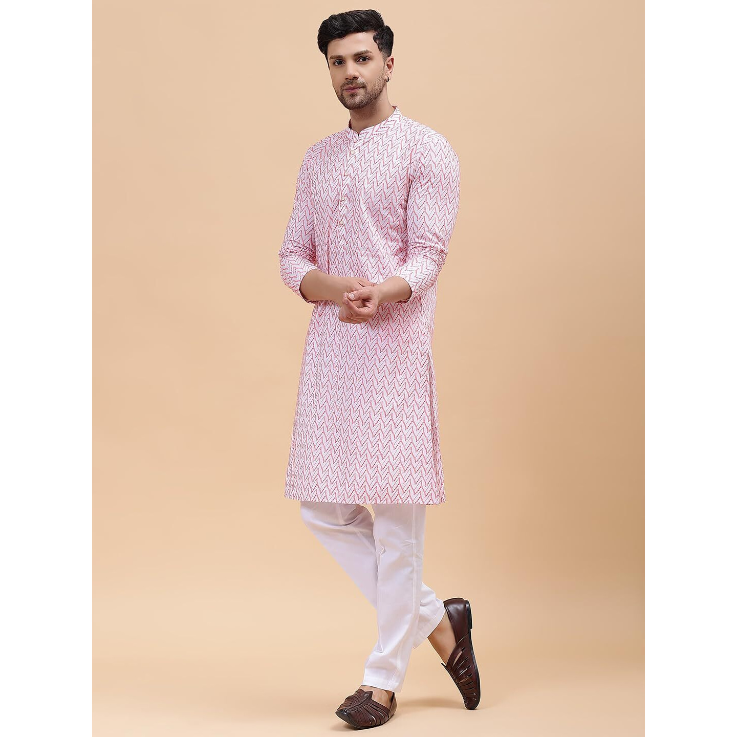 See Designs Men Mandarin Collar White & Pink Pure Cotton Embroidered Staright Full Sleeve Kurta With Pajama - Sd2Ekt_127201Xs