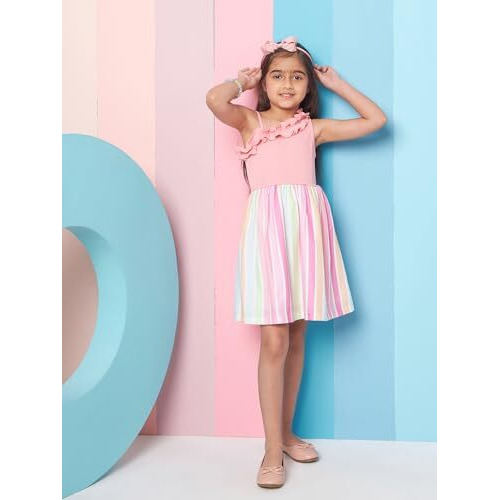 Pspeaches Girl's Sleeveless Striped Woollen Fit Flare Pink Dress With Shoulder Straps Stylish & Trendy Style (10-11Years)