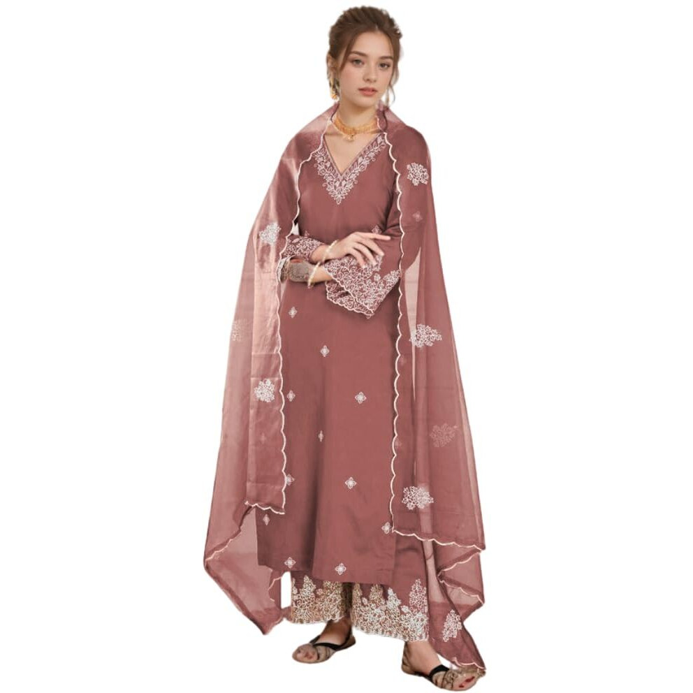 Shienzy Women's Embroidered Chanderi Kurta Pant Set With Net Dupatta | V Neck, 3/4 Sleeve Ethnic Set | Outfit For Festive & Office Wear (1657_Brn_L)