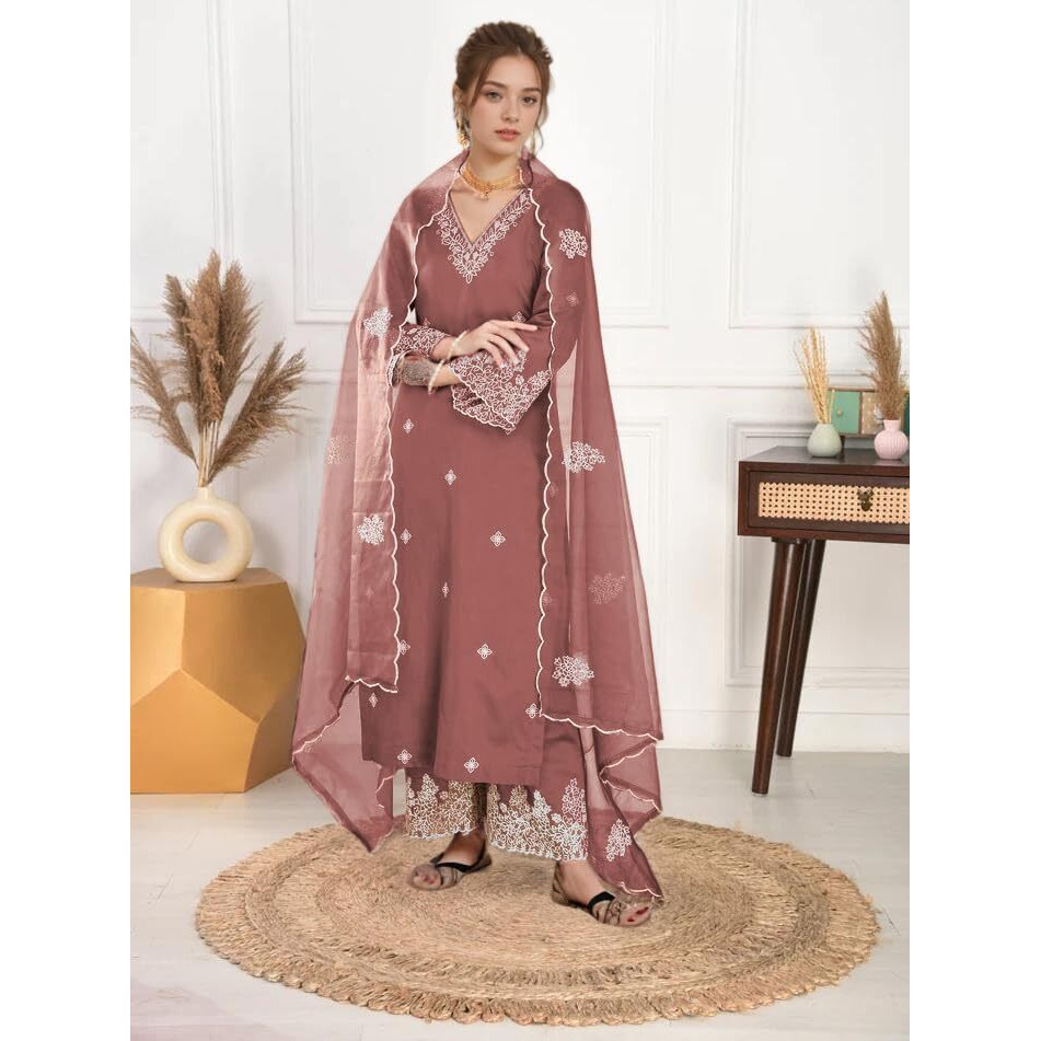 Shienzy Women's Embroidered Chanderi Kurta Pant Set With Net Dupatta | V Neck, 3/4 Sleeve Ethnic Set | Outfit For Festive & Office Wear (1657_Brn_L)