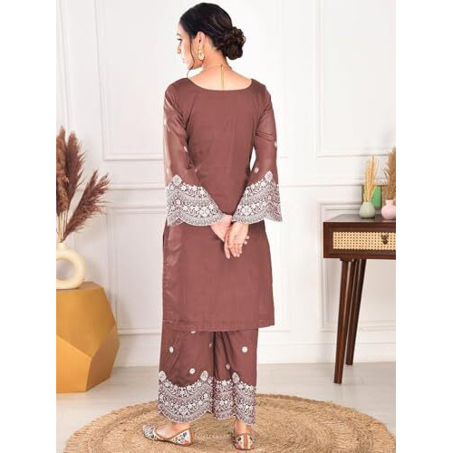 Shienzy Women's Embroidered Chanderi Kurta Pant Set With Net Dupatta | V Neck, 3/4 Sleeve Ethnic Set | Outfit For Festive & Office Wear (1657_Brn_L)