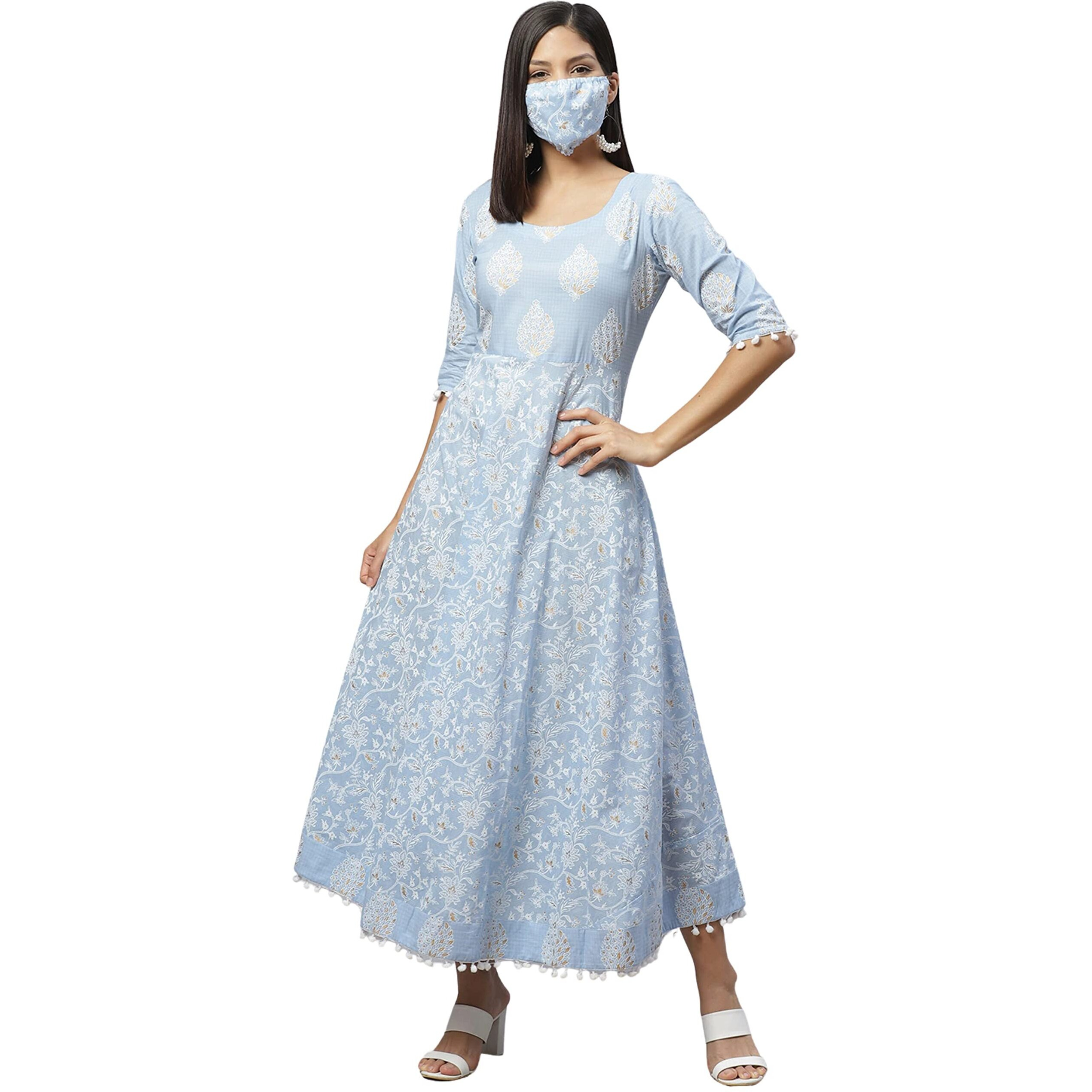 Rytras Women's Pure Cotton Printed Anarkali Kurta- Ethnic Wear, Blue(Ryt262,M)