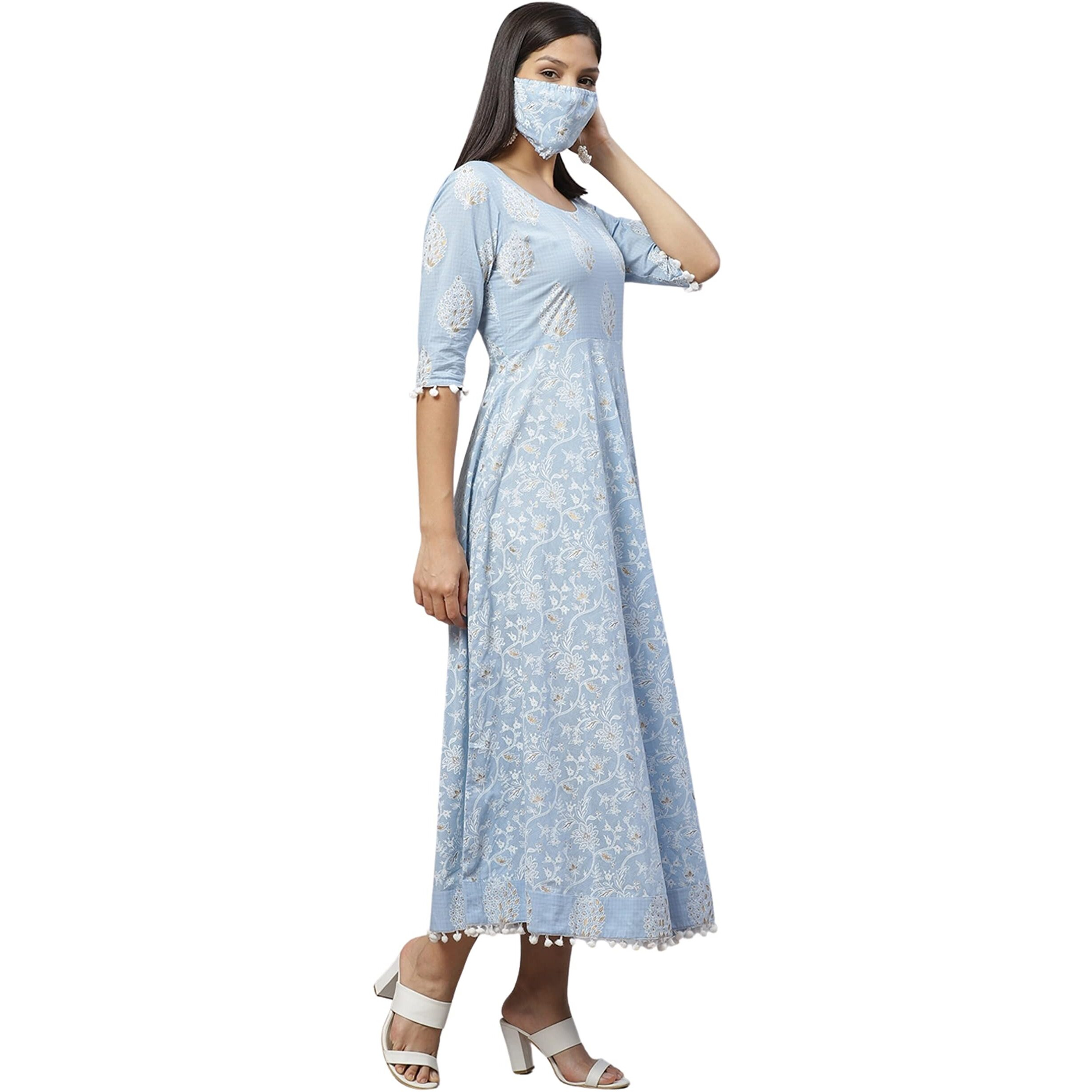 Rytras Women's Pure Cotton Printed Anarkali Kurta- Ethnic Wear, Blue(Ryt262,M)